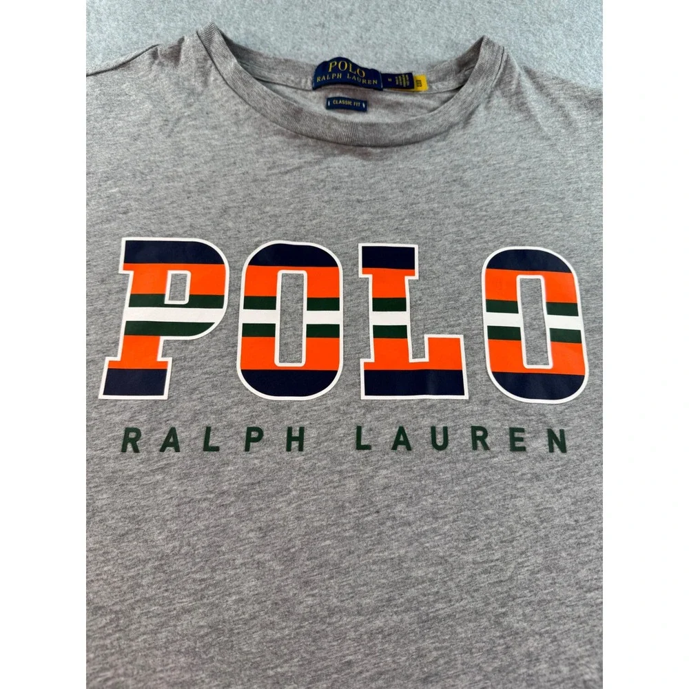 Polo Ralph Lauren Mens Classic Fit Gray Graphic T-Shirt Size M Orange Logo Pony